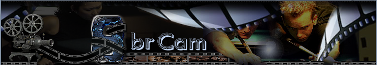 The original 8brCam banner: a film projector, a diagonal strip of film and pool players at the table, with a chrome 8 beside the words br Cam.